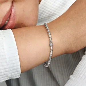 Beaded Sterling Silver Bracelet With Clear Cubic Zirconia - Image 4