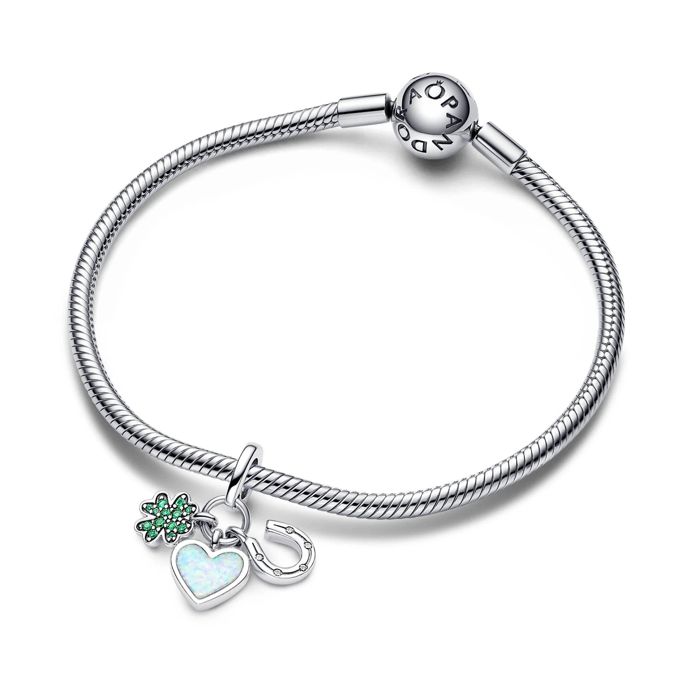 Clover, Heart And Horseshoe Sterling Silver Dangle With Clear Cubic Zirconia, Royal Green Crystal And White Lab-Created Opal - Image 4