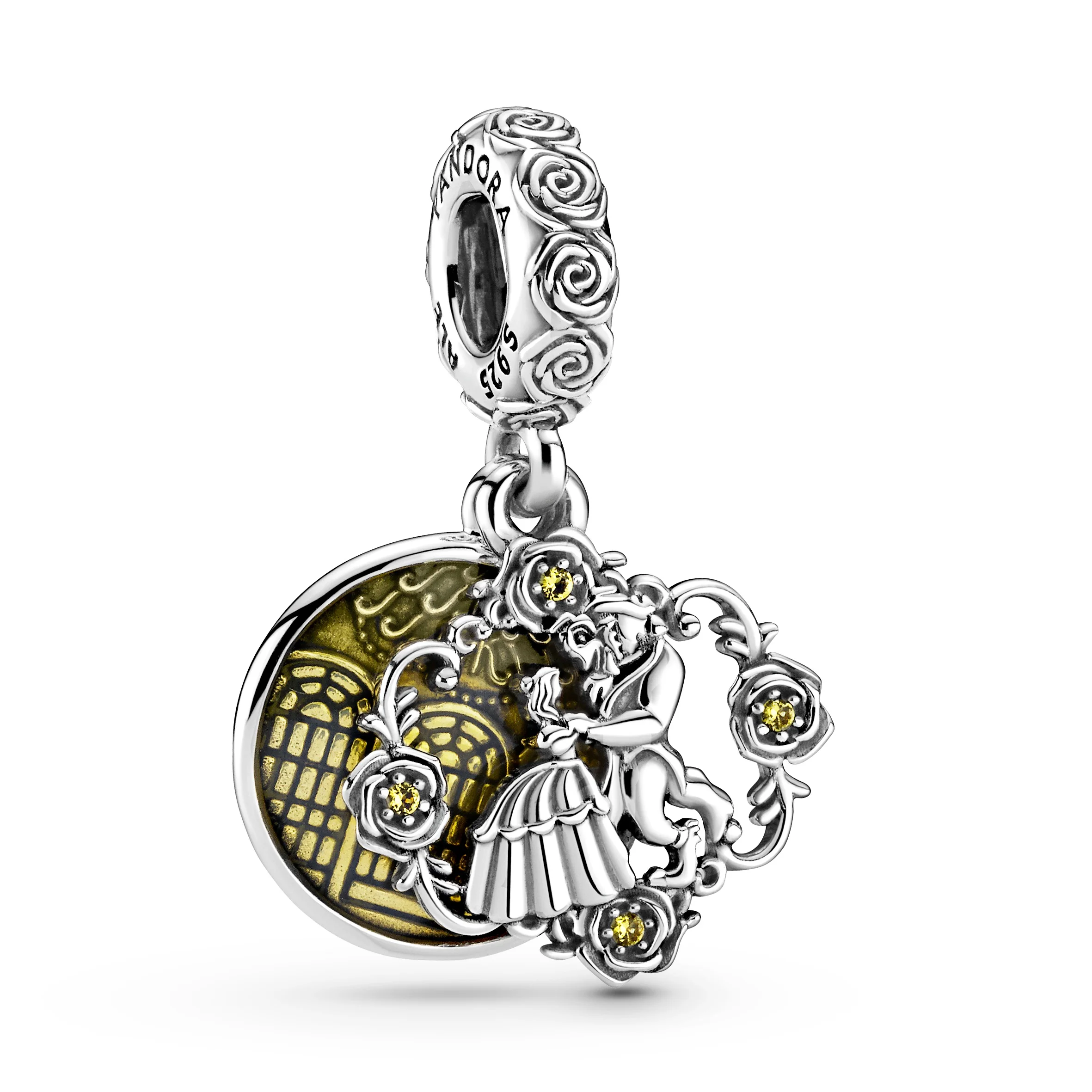 Disney Beauty And The Beast Sterling Silver Dangle With Blazing Yellow Crystal And Yellow Enamel