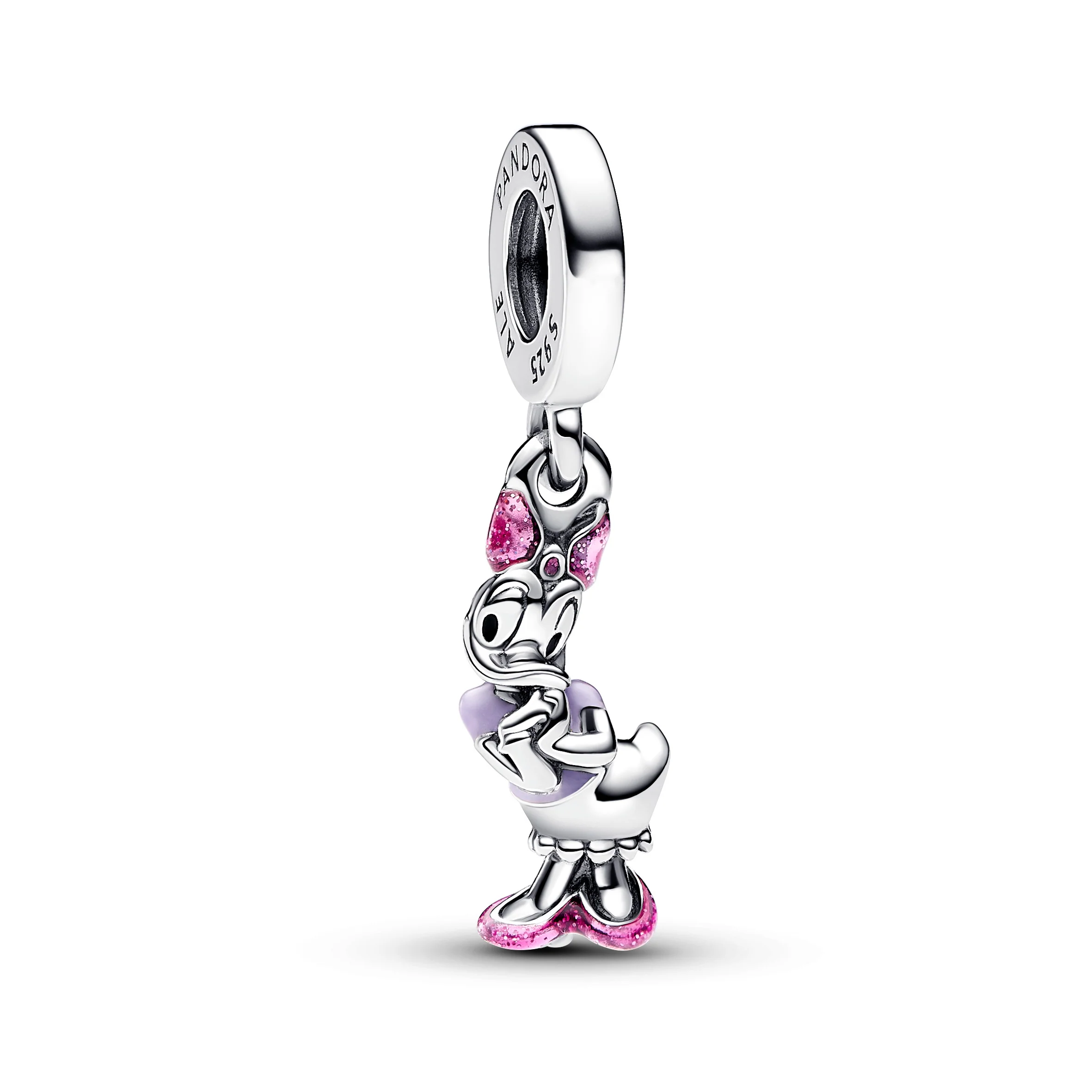 Disney Daisy Duck Sterling Silver Dangle With Holographic Pink, Purple And Black Enamel