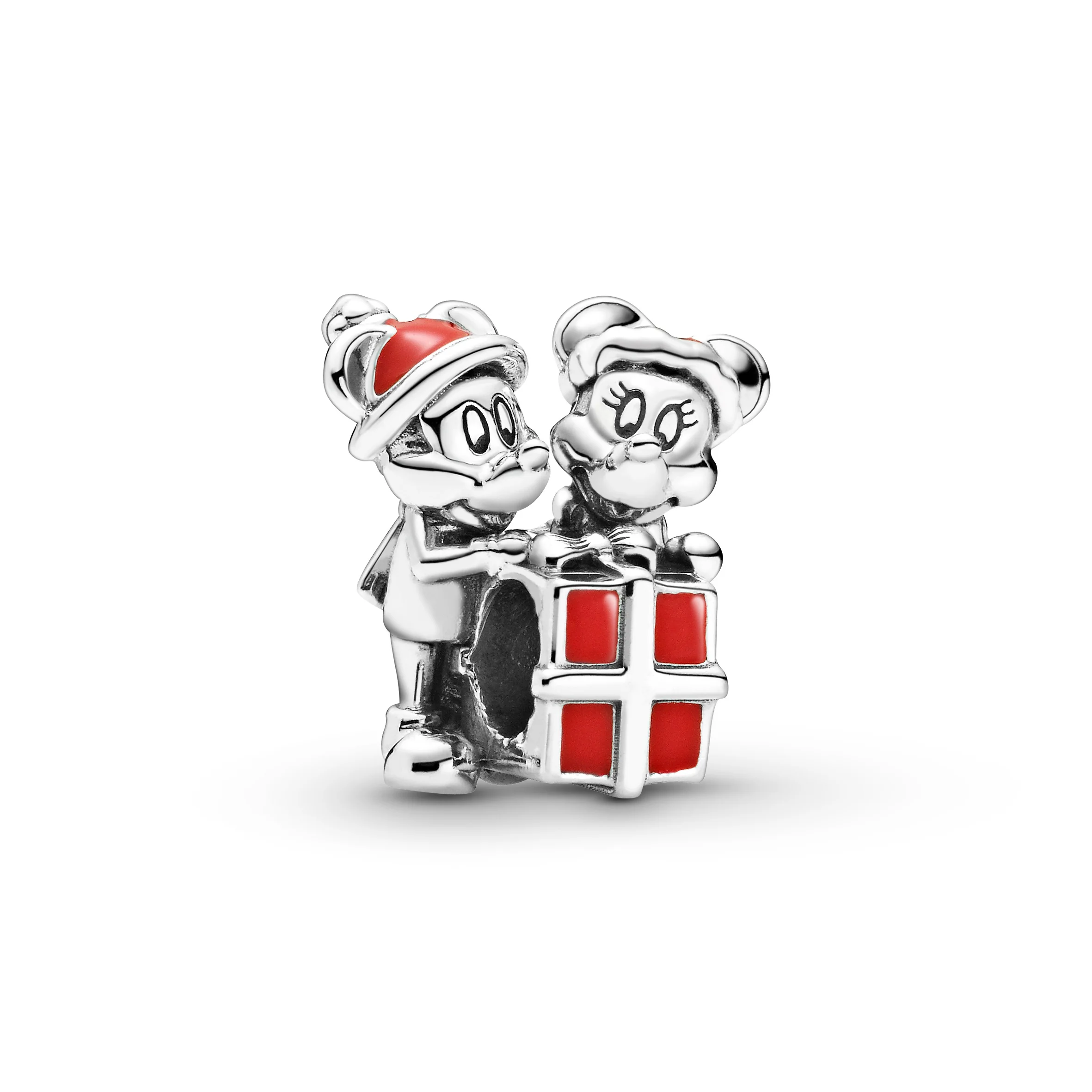 Disney Mickey, Minnie And Gift Box Sterling Silver Charm With Red Enamel