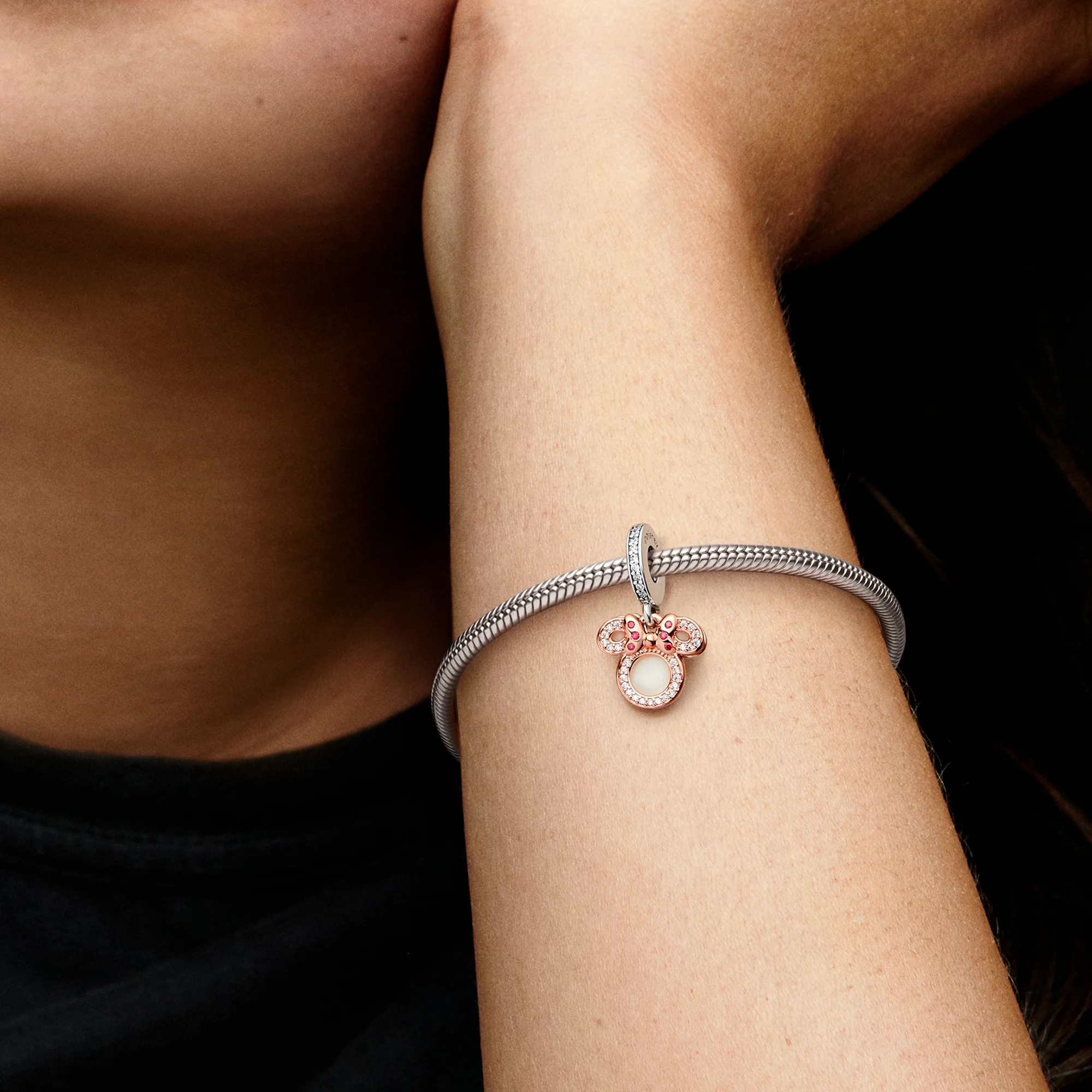 Disney Minnie Sterling Silver And 14K Rose Gold-Plated Double Dangle With Red, Clear Cubic Zirconia And Shimmering White Enamel - Image 2