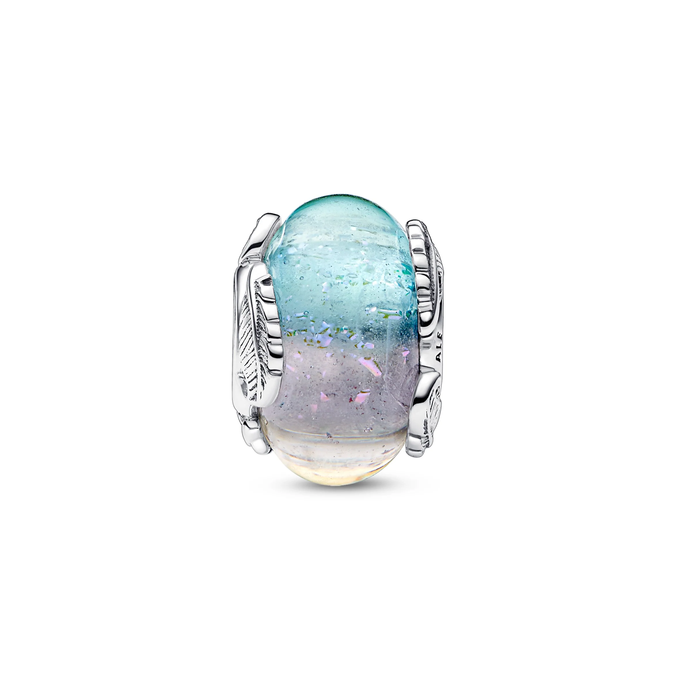 Feather Sterling Silver Charm With Pink Dichroic Multicolor Rainbow Murano Glass