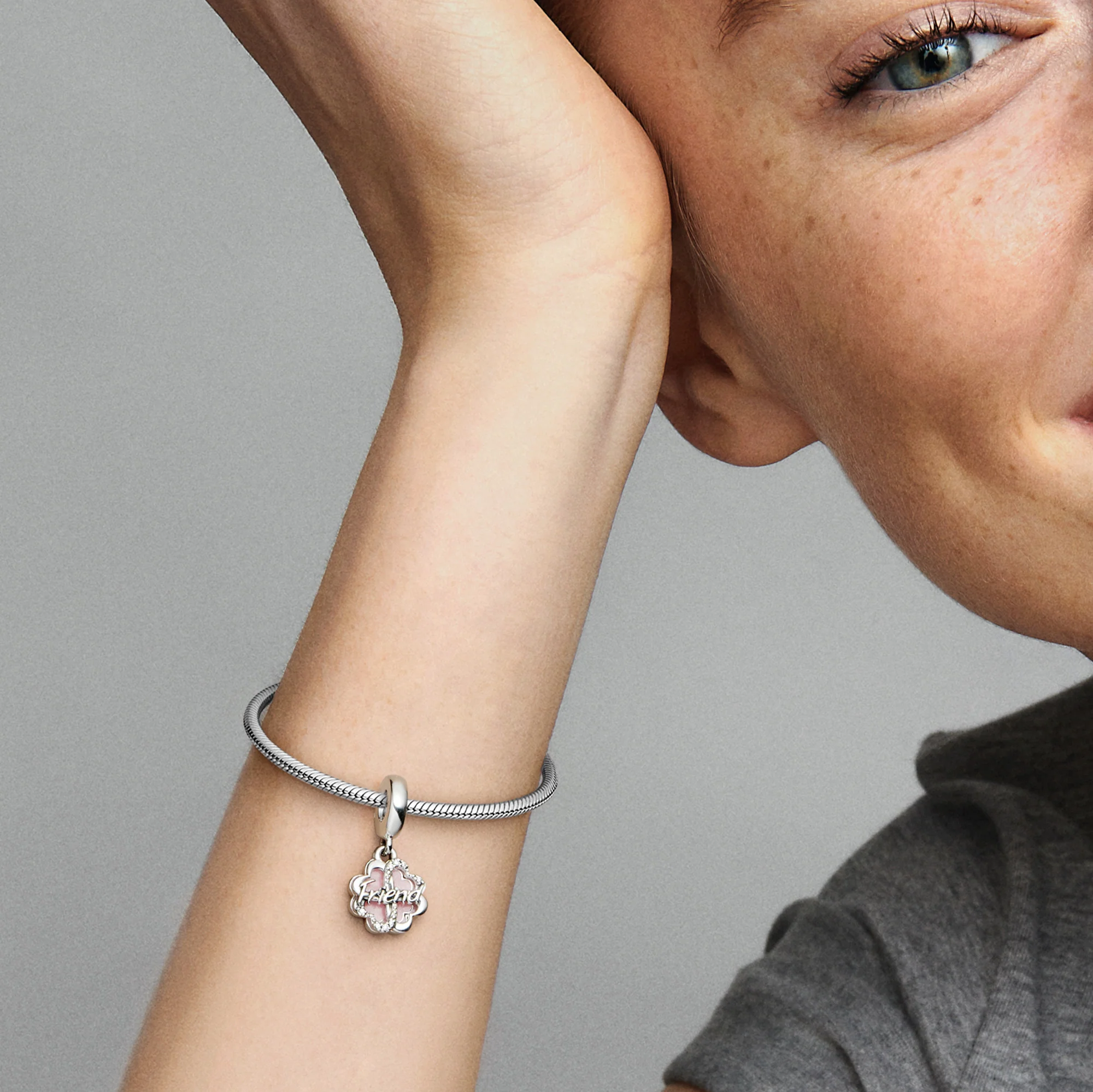 Friend Sterling Silver Dangle With Clear Cubic Zirconia And Glittery Pink Enamel - Image 2