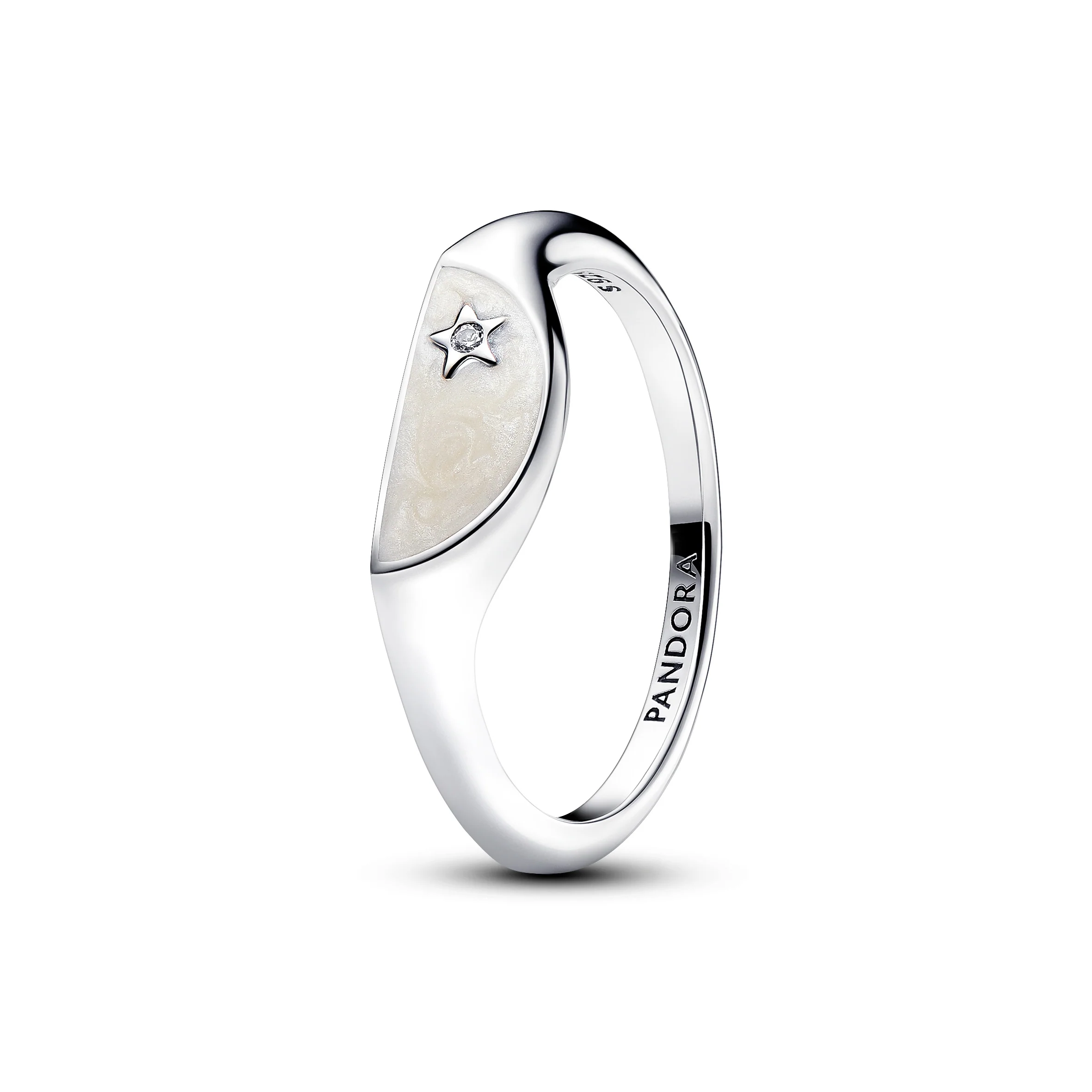 Halved Signet Sterling Silver Ring With Clear Cubic Zirconia And Shimmering White Enamel