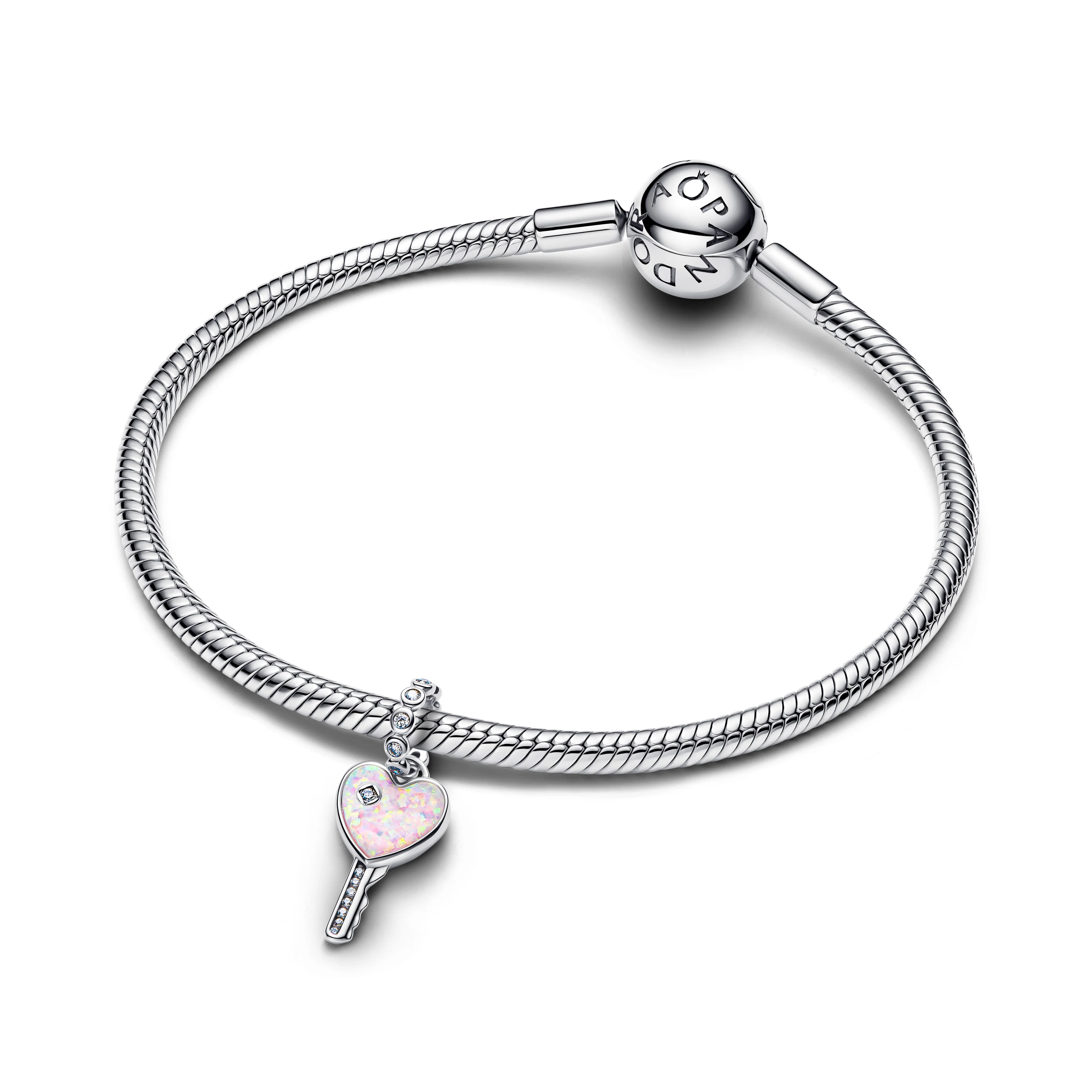 Heart Key Sterling Silver Dangle With Clear Cubic Zirconia And Lab-Created Pink Opal - Image 3