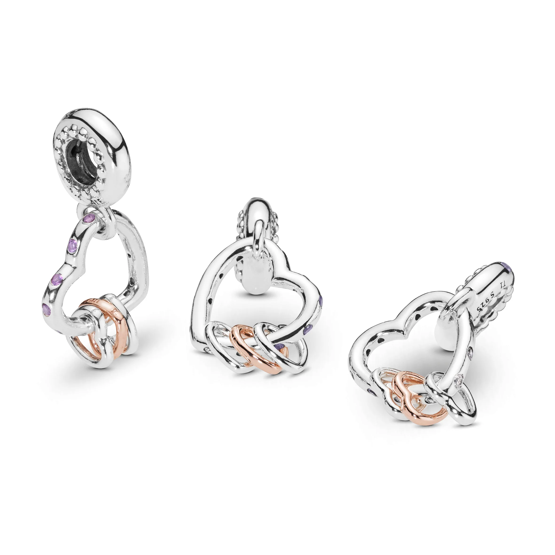 Heart Silver And 14K Rose Gold-Plated Dangle With Lilac Crystal, Royal Purple Crystal And Clear Cubic Zirconia - Image 4
