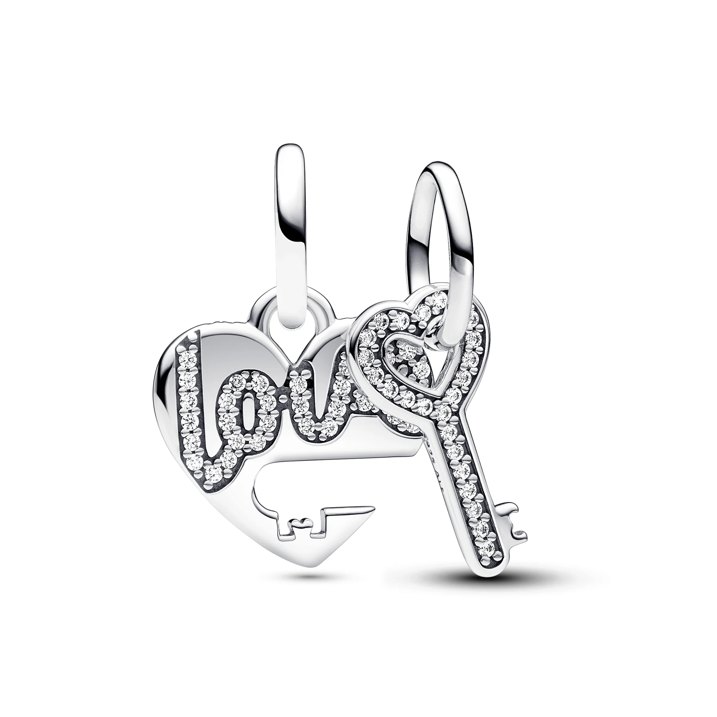 Love Heart And Key Sterling Silver Splittable Dangle With Clear Cubic Zirconia - Image 3