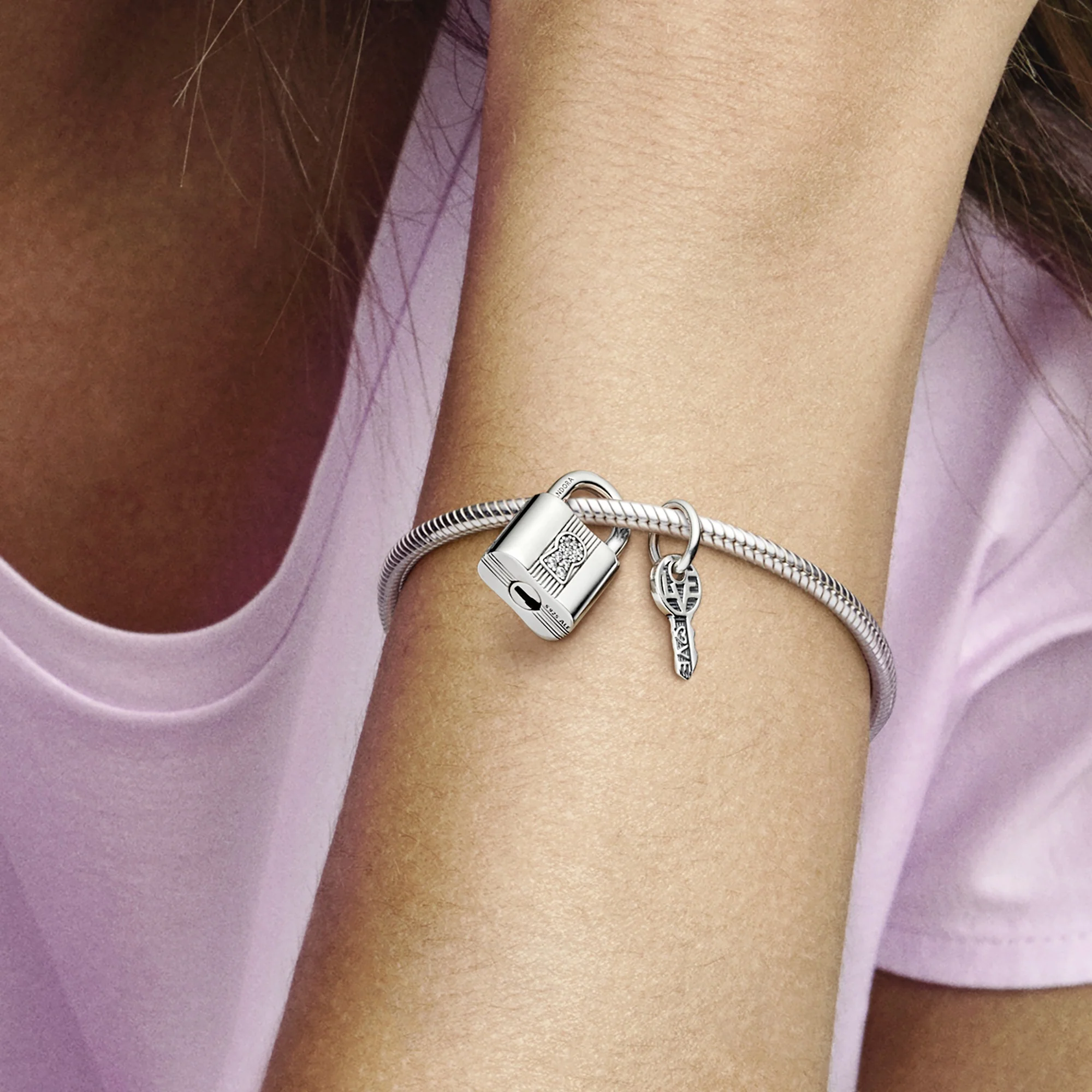 Padlock And Key Sterling Silver Dangle With Clear Cubic Zirconia - Image 2