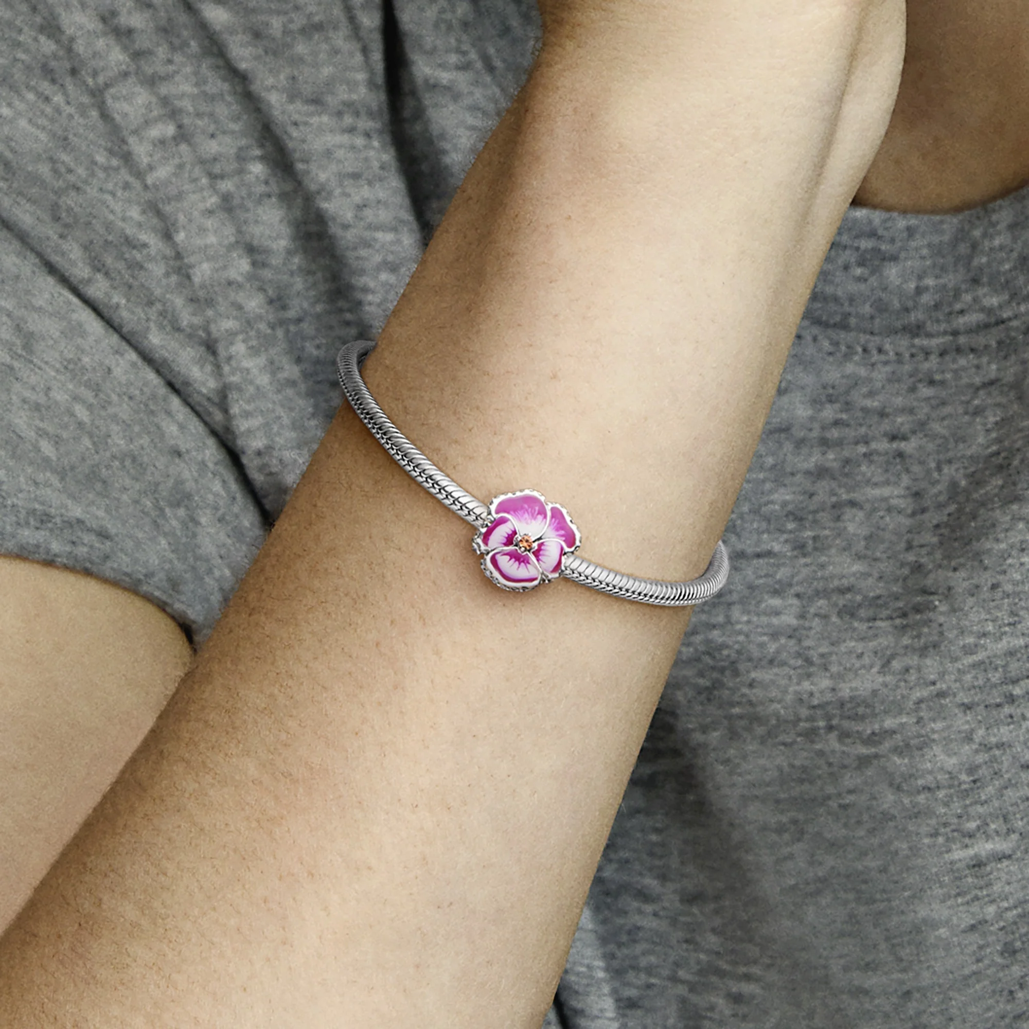 Pansy Sterling Silver Charm With Clear Cubic Zirconia, Burnt Orange Crystal, Shaded Pink And White Enamel - Image 2