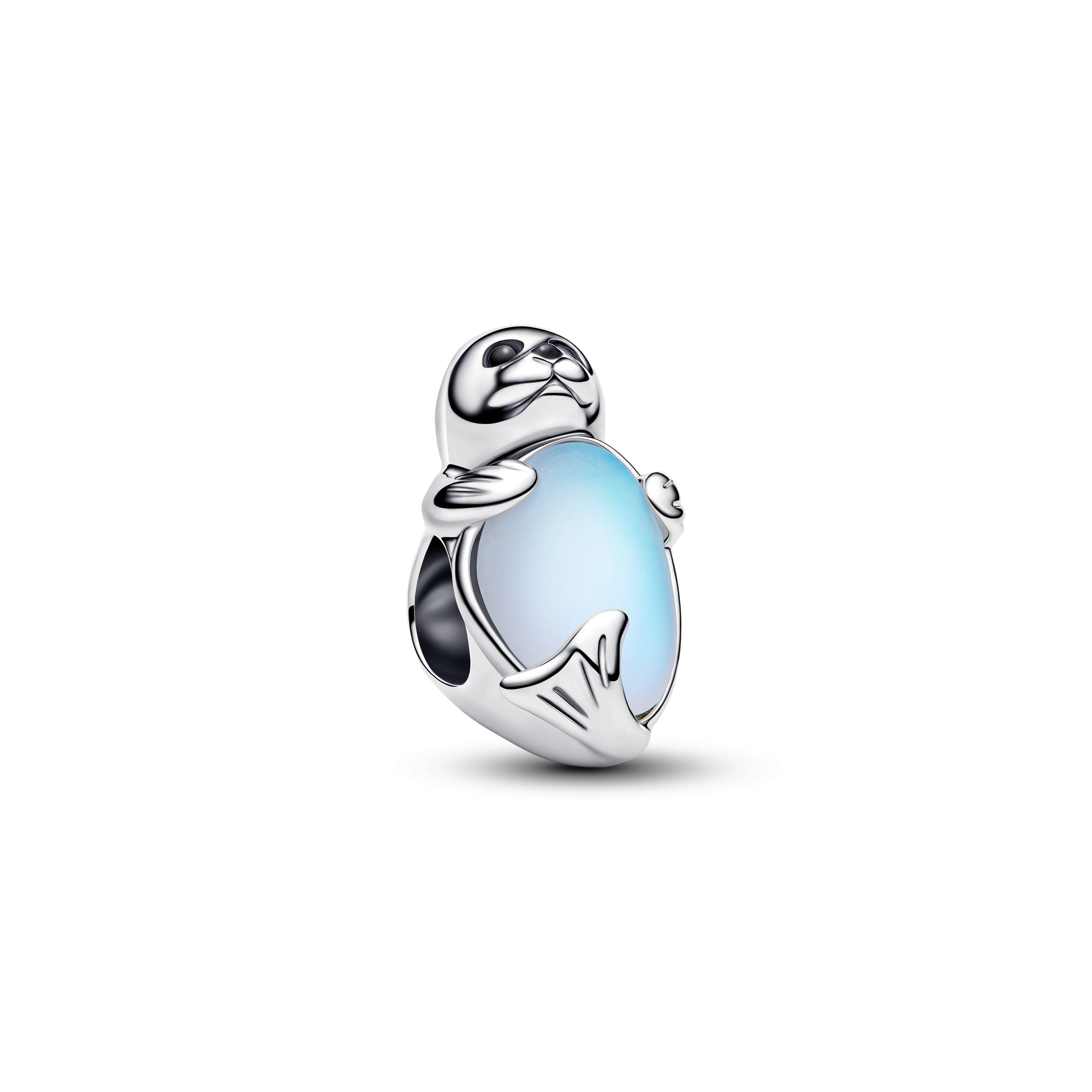 Seal Sterling Silver Charm With Black Crystal, Black Enamel And Frosted Glass