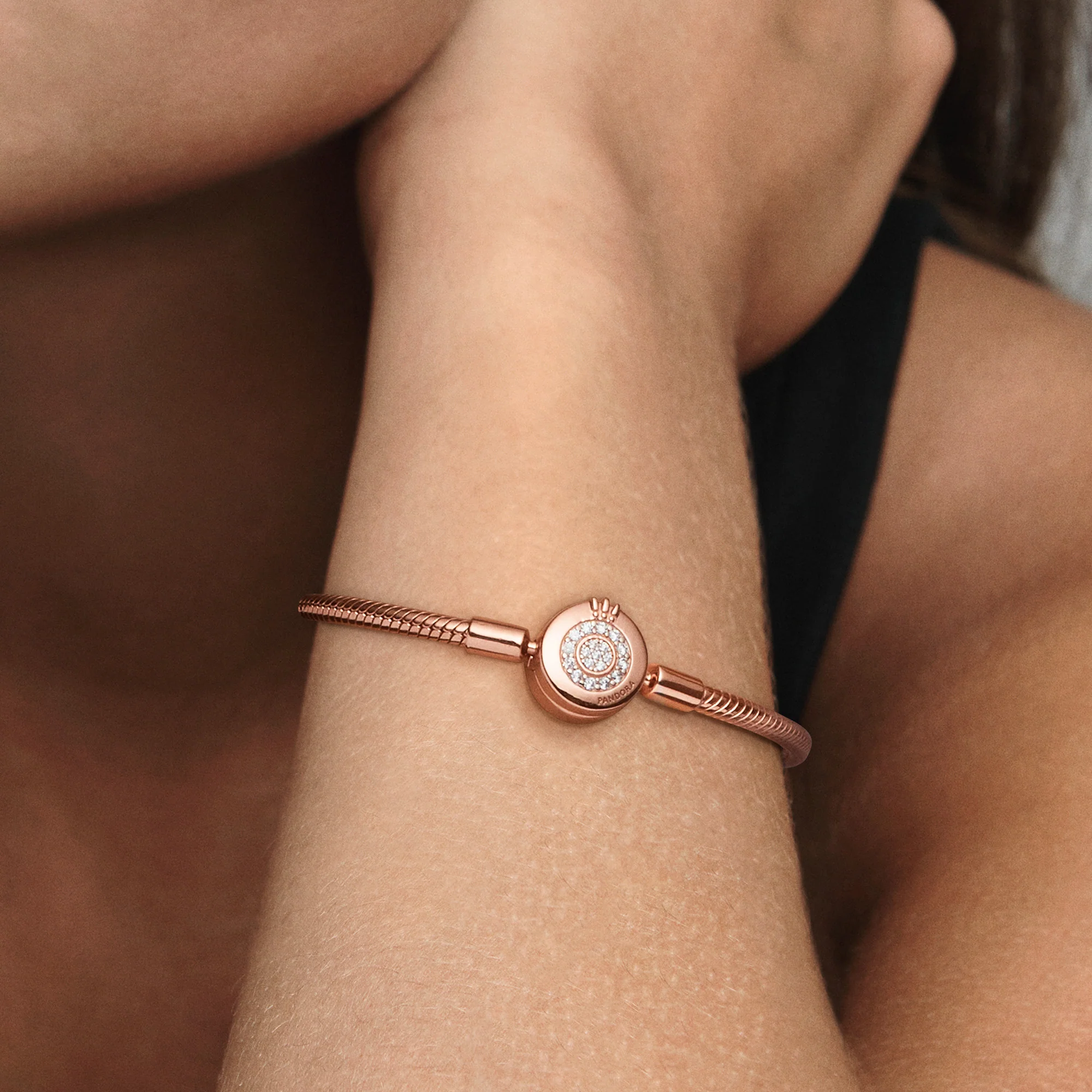 Snake Chain 14K Rose Gold-Plated Bracelet And Crown O Clasp With Clear Cubic Zirconia - Image 2