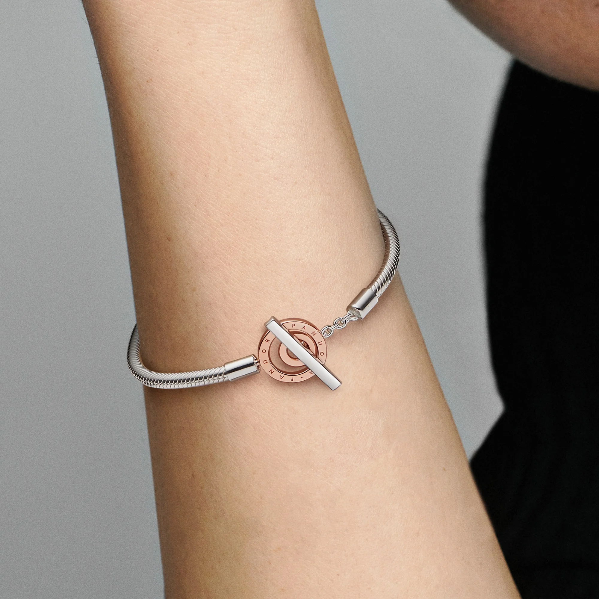 Snake Chain Sterling Silver And 14K Rose Gold-Plated Toggle Bracelet - Image 2