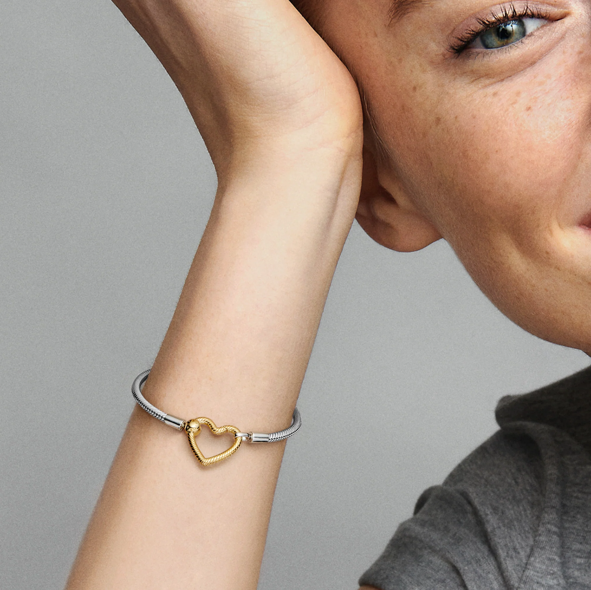 Snake Chain Sterling Silver Bracelet With 14K Gold-Plated Heart Clasp - Image 2