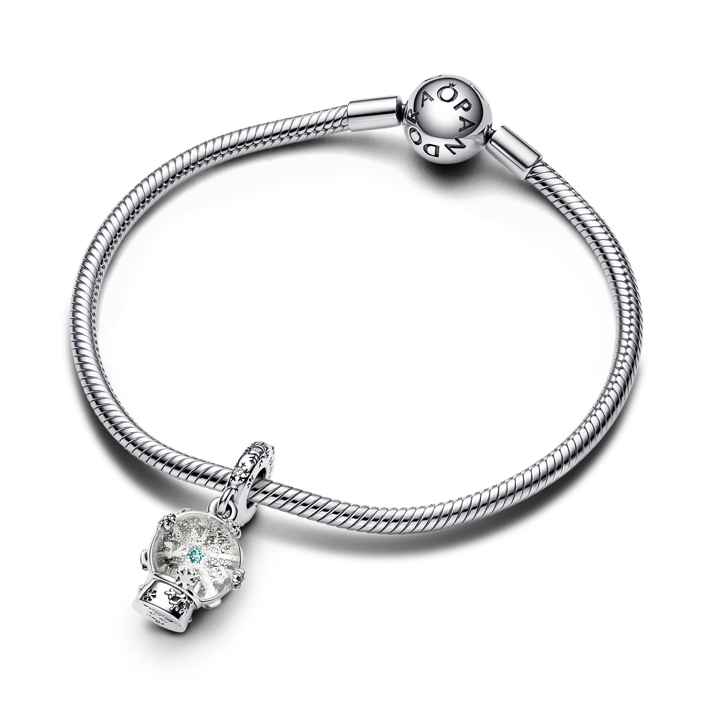 Snowglobe Sterling Silver Dangle With Clear And Teal Cubic Zirconia And Clear Glitter Murano Glass - Image 4