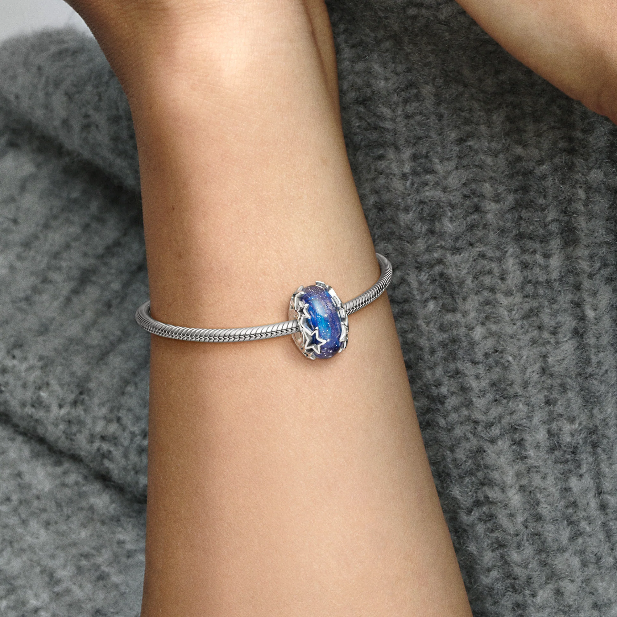 Sterling Silver Charm With Galaxy Glittery Blue Murano Glass - Image 2