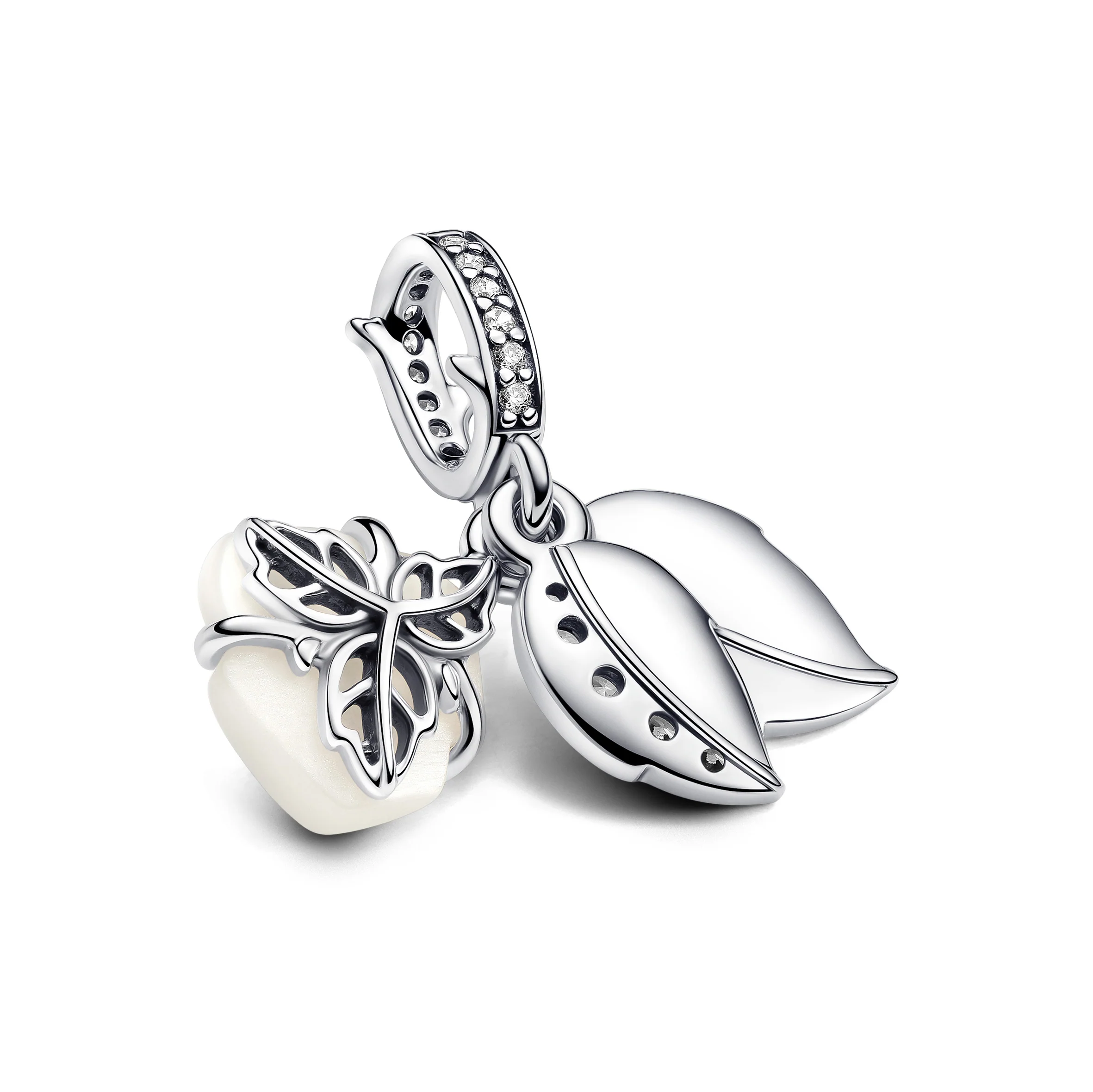 White Rose Sterling Silver Double Dangle With White Bioresin Man-Made Mother Of Pearl And Clear Cubic Zirconia - Image 3