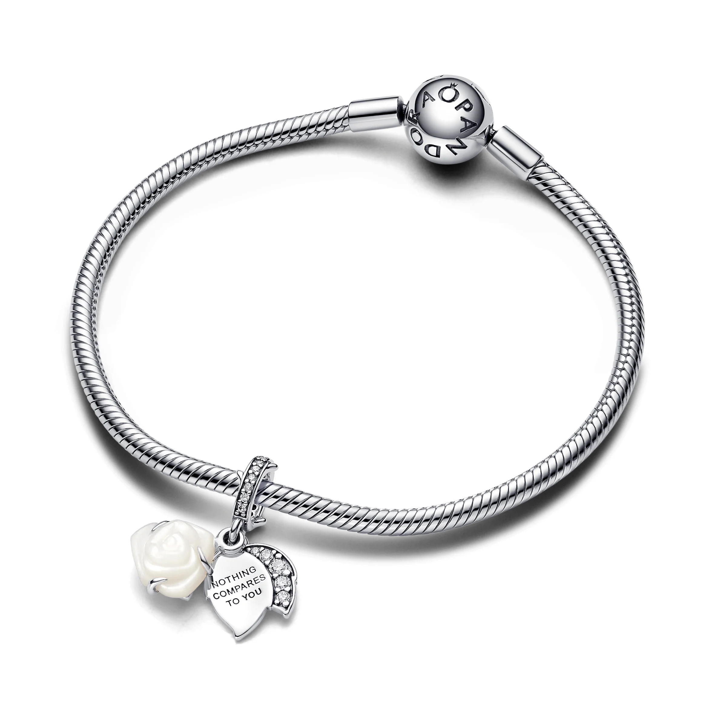 White Rose Sterling Silver Double Dangle With White Bioresin Man-Made Mother Of Pearl And Clear Cubic Zirconia - Image 5