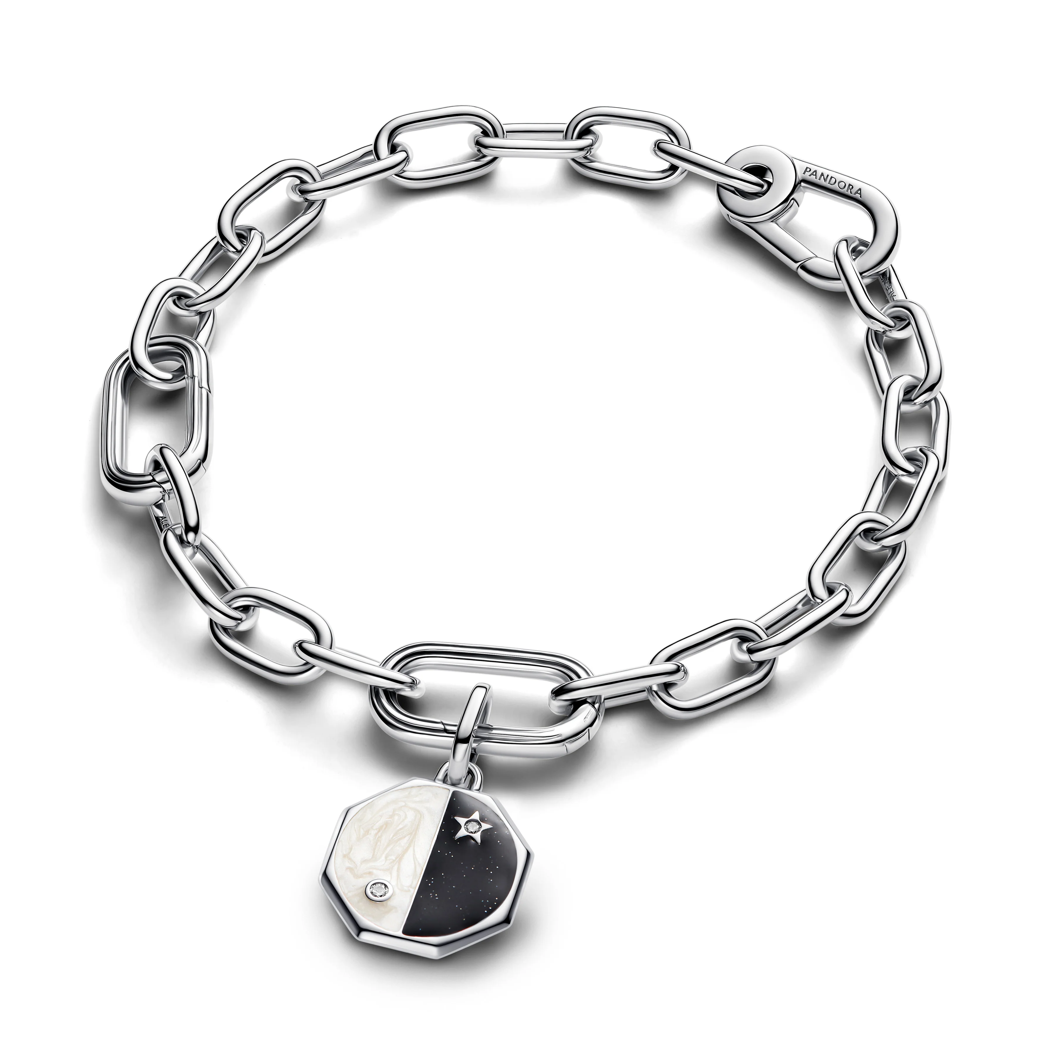Yin And Yang Sterling Silver Medallion With Clear Cubic Zirconia, Glittery Black And White Enamel - Image 4